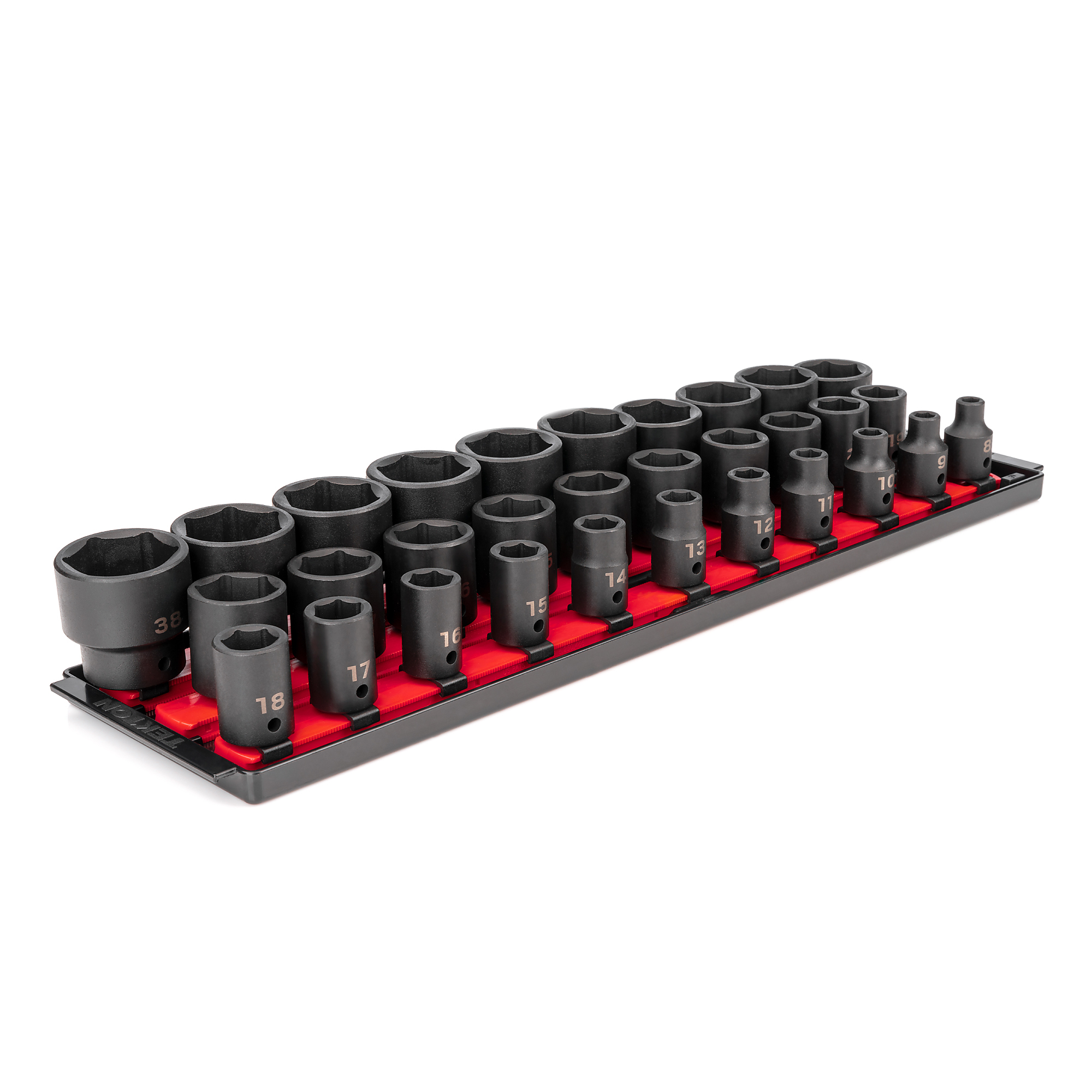 TEKTON 1/2 Inch Drive Shallow 6-Point Impact Socket Set with Rails and Tray, 31-Piece (8 - 38 mm) | SID92104